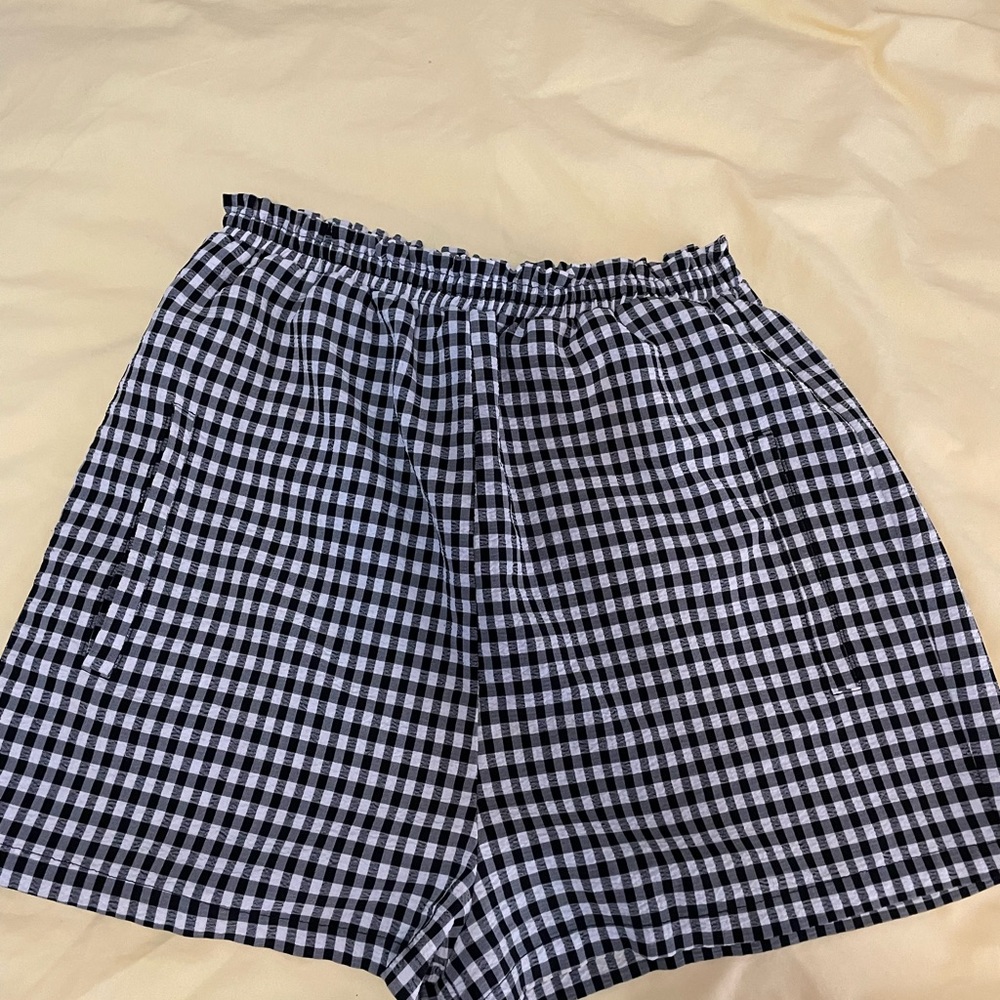 Olivaceous Black and White Checkered High Waist Shorts